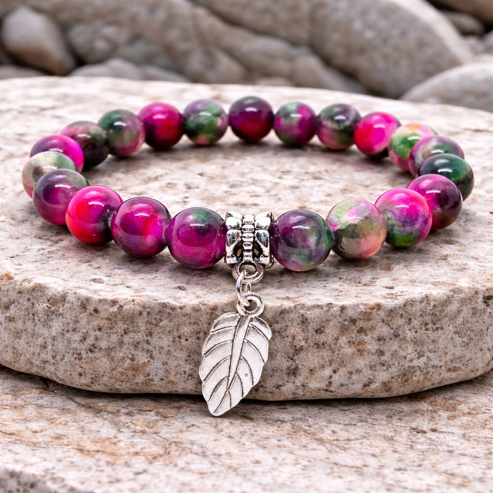 Persian Jade Stone Silver Charm Bracelet 8mm Stretch Crystal Jewelry